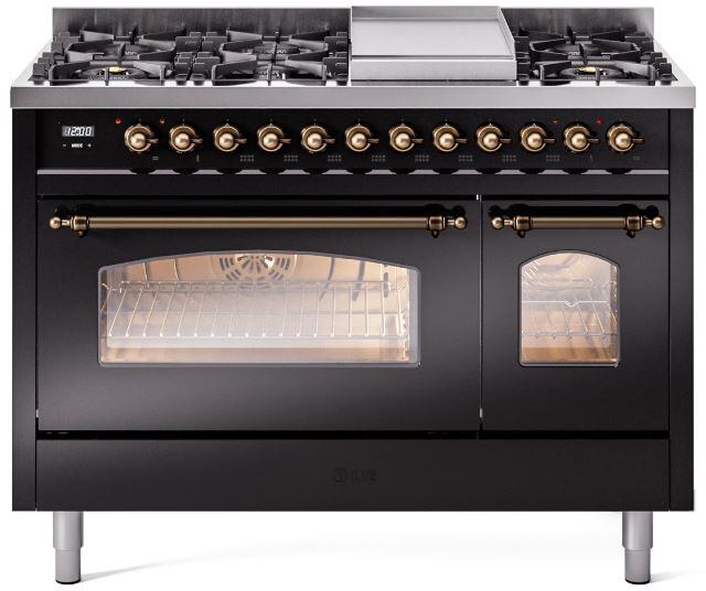 ILVE Nostalgie II 48" Dual Fuel Liquid Propane Range, Glossy Black, Bronze Trim UP48FNMPBKBLP