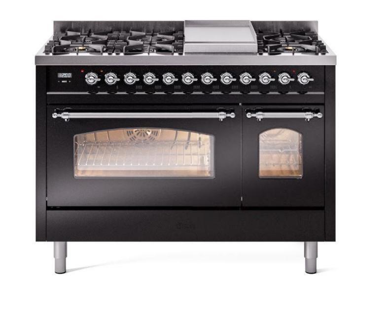ILVE Nostalgie II 48" Dual Fuel Liquid Propane Range, Glossy Black, Chrome Trim UP48FNMPBKCLP