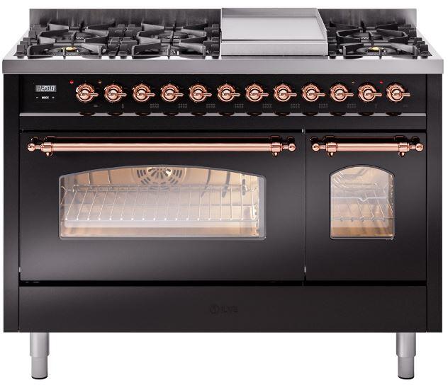 ILVE Nostalgie II 48" Dual Fuel Liquid Propane Range, Glossy Black, Copper Trim UP48FNMPBKPLP