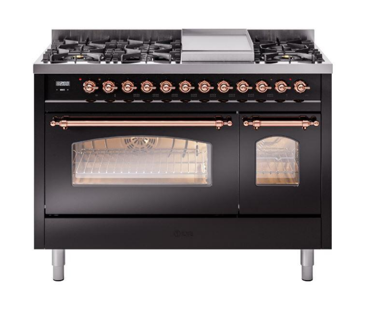 ILVE Nostalgie II 48" Dual Fuel Natural Gas Range, Glossy Black, Copper Trim UP48FNMPBKP