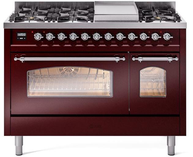 ILVE Nostalgie II 48" Dual Fuel Liquid Propane Range, Burgundy, Chrome Trim ILVE UP48FNMPBUCLP