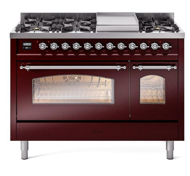 ILVE Nostalgie II 48" Dual Fuel Natural Gas Range, Burgundy, Chrome Trim ILVE UP48FNMPBUC
