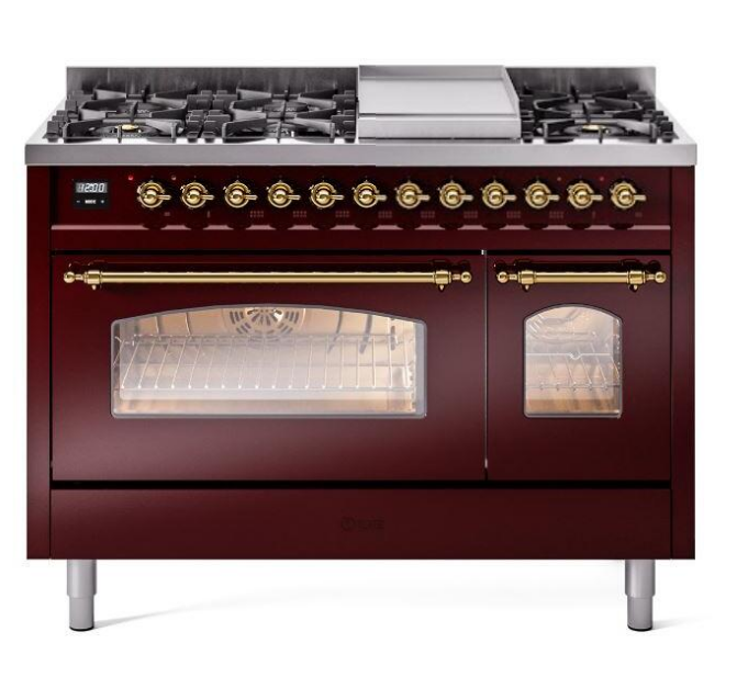 ILVE Nostalgie II 48" Dual Fuel Liquid Propane Range, Burgundy, Brass Trim ILVE UP48FNMPBUGLP