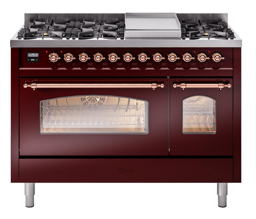ILVE Nostalgie II 48" Dual Fuel Liquid Propane Range, Burgundy, Copper Trim ILVE UP48FNMPBUPLP
