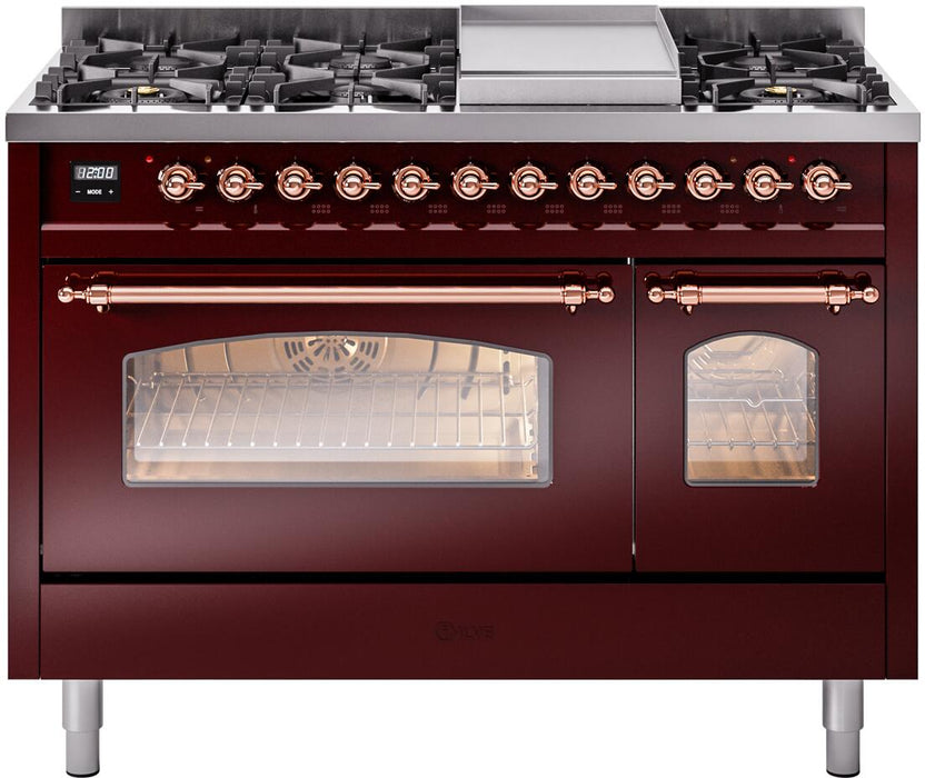 ILVE Nostalgie II 48" Dual Fuel Liquid Propane Range, Burgundy, Copper Trim ILVE UP48FNMPBUPLP