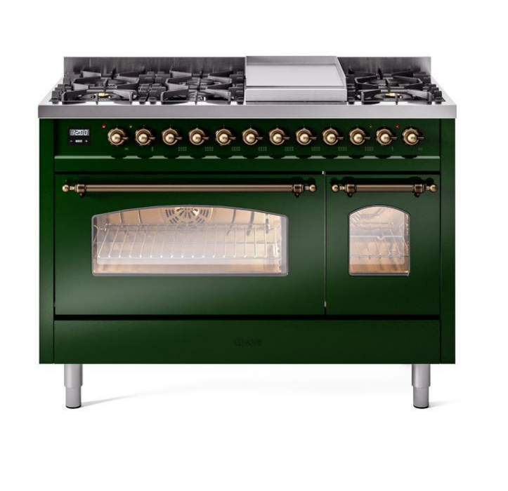 ILVE Nostalgie II 48" Dual Fuel Natural Gas Range, Emerald Green, Bronze Trim UP48FNMPEGB