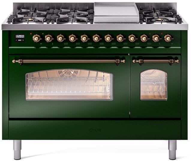 ILVE Nostalgie II 48" Dual Fuel Natural Gas Range, Emerald Green, Bronze Trim UP48FNMPEGB