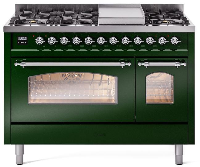 ILVE Nostalgie II 48" Dual Fuel Natural Gas Range, Emerald Green, Chrome Trim ILVE UP48FNMPEGC