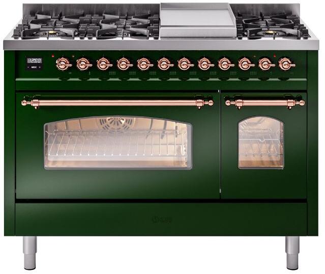 ILVE Nostalgie II 48" Dual Fuel Liquid Propane Range, Emerald Green, Bronze Trim UP48FNMPEGBLP