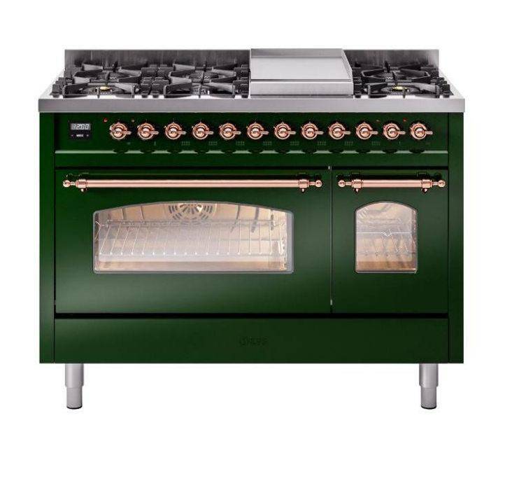 ILVE Nostalgie II 48" Dual Fuel Natural Gas Range, Emerald Green, Copper Trim UP48FNMPEGP