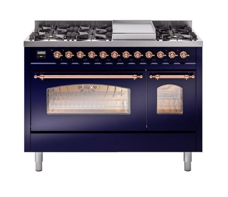 ILVE Nostalgie II 48" Dual Fuel Liquid Propane Range, Blue, Copper Trim UP48FNMPMBPLP