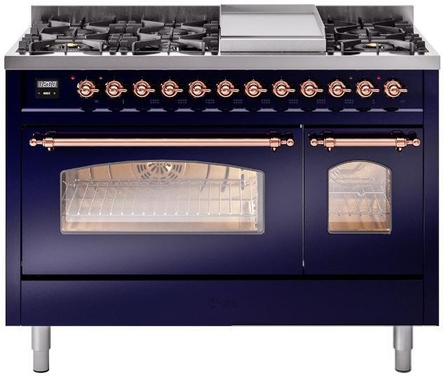 ILVE Nostalgie II 48" Dual Fuel Liquid Propane Range, Blue, Copper Trim UP48FNMPMBPLP
