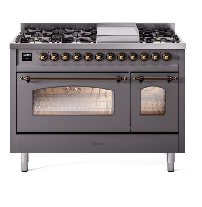 ILVE Nostalgie II 48" Dual Fuel Liquid Propane Range, Matte Graphite, Bronze Trim UP48FNMPMGBLP