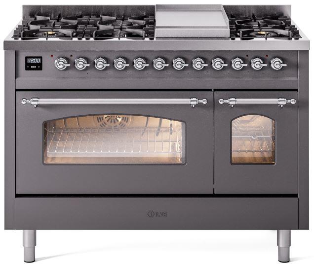 ILVE Nostalgie II 48" Dual Fuel Liquid Propane Range, Matte Graphite, Chrome Trim UP48FNMPMGCLP
