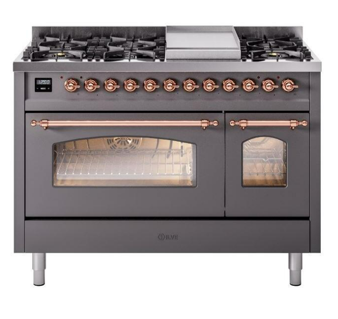 ILVE Nostalgie II 48" Dual Fuel Liquid Propane Range, Matte Graphite, Copper Trim ILVE UP48FNMPMGPLP
