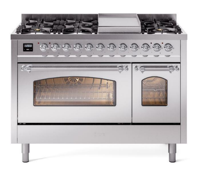ILVE Nostalgie II 48" Dual Fuel Liquid Propane Range, Stainless Steel, Chrome Trim UP48FNMPSSCLP