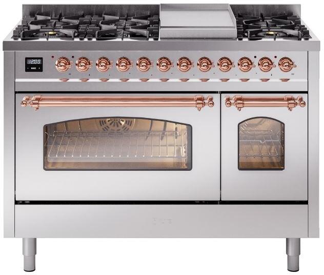 ILVE Nostalgie II 48" Dual Fuel Natural Gas Range, Stainless Steel, Copper Trim UP48FNMPSSP