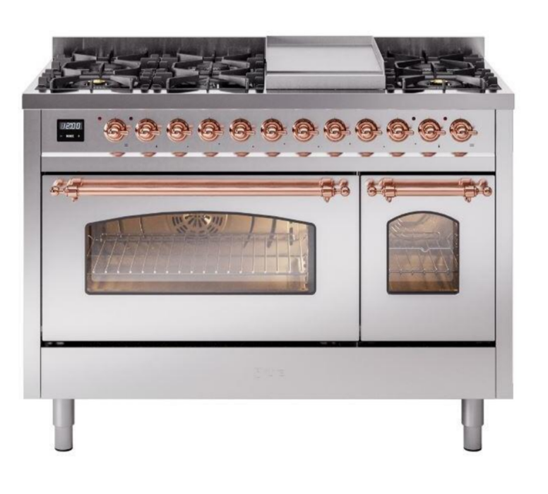 ILVE Nostalgie II 48" Dual Fuel Natural Gas Range, Stainless Steel, Copper Trim UP48FNMPSSP