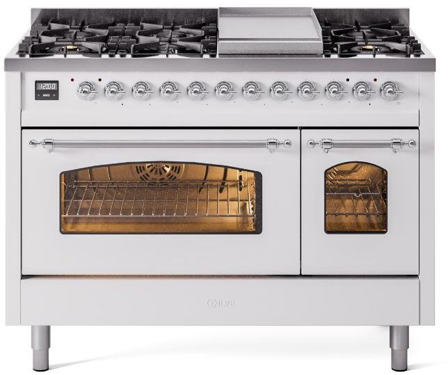 ILVE Nostalgie II 48" Dual Fuel Liquid Propane Range, White, Chrome Trim UP48FNMPWHCLP