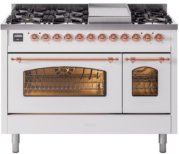 ILVE Nostalgie II 48" Dual Fuel Natural Gas Range, White, Copper Trim UP48FNMPWHP