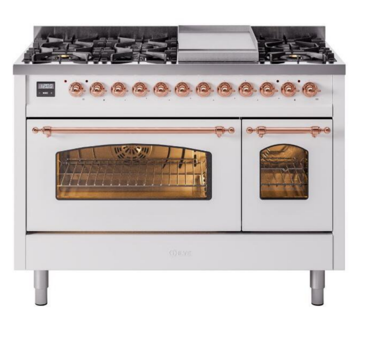 ILVE Nostalgie II 48" Dual Fuel Natural Gas Range, White, Copper Trim UP48FNMPWHP