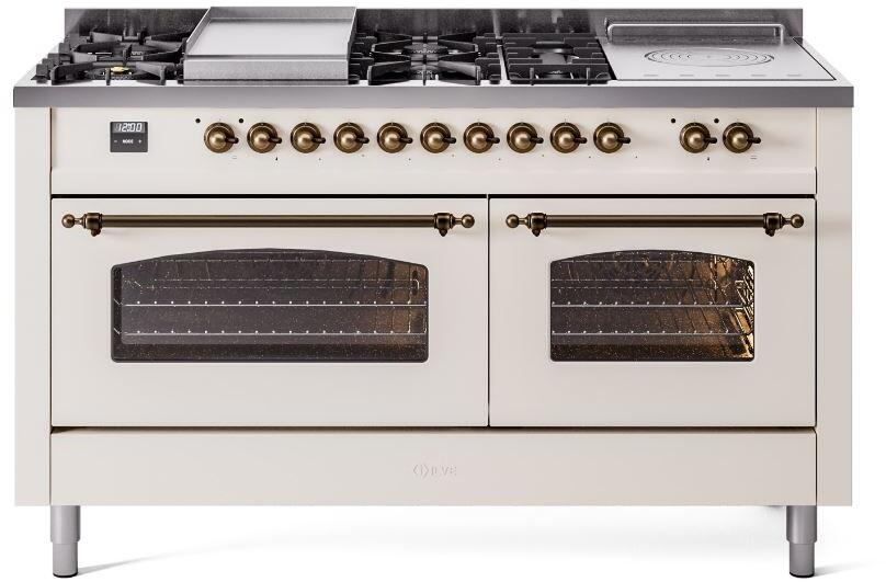 ILVE Nostalgie II 60" Dual Fuel Liquid Propane Range, Antique White, Bronze Trim UP60FSNMPAWBLP