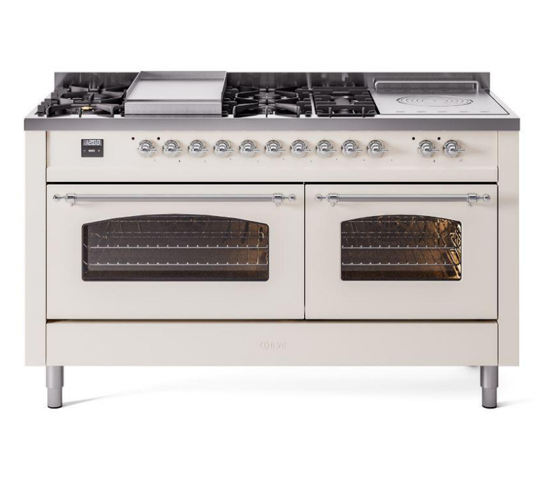 ILVE Nostalgie II 60" Dual Fuel Liquid Propane Range, Antique White, Chrome Trim UP60FSNMPAWCLP