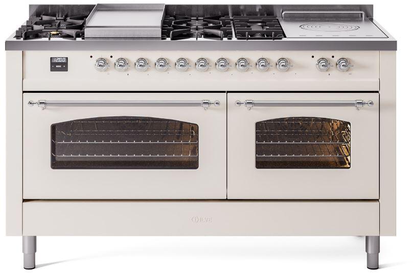 ILVE Nostalgie II 60" Dual Fuel Liquid Propane Range, Antique White, Chrome Trim UP60FSNMPAWCLP