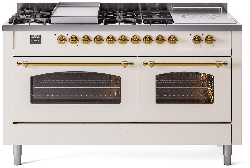 ILVE Nostalgie II 60" Dual Fuel Liquid Propane Range, Antique White, Brass Trim UP60FSNMPAWGLP