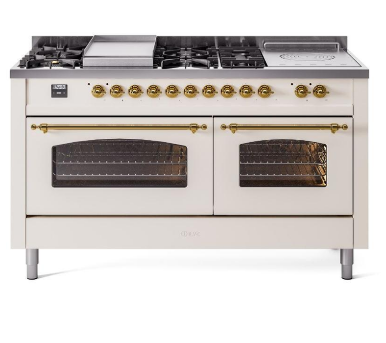 ILVE Nostalgie II 60" Dual Fuel Liquid Propane Range, Antique White, Brass Trim UP60FSNMPAWGLP
