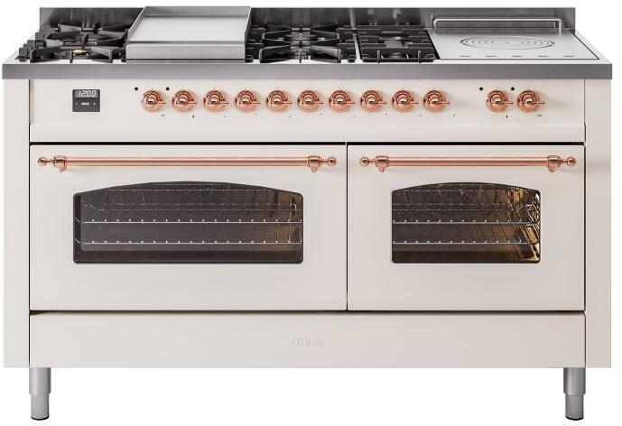 ILVE Nostalgie II 60" Dual Fuel Liquid Propane Range, Antique White, Copper Trim UP60FSNMPAWPLP
