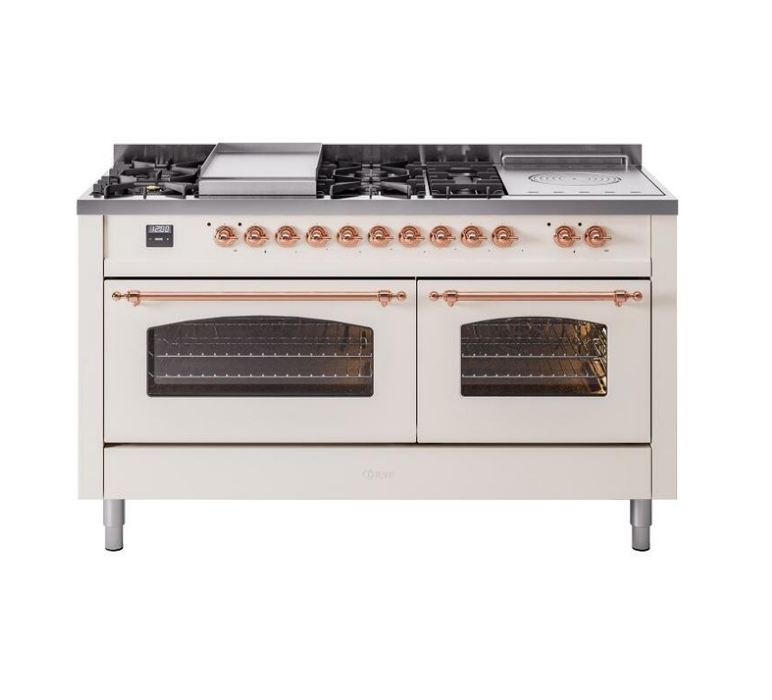 ILVE Nostalgie II 60" Dual Fuel Liquid Propane Range, Antique White, Copper Trim UP60FSNMPAWPLP