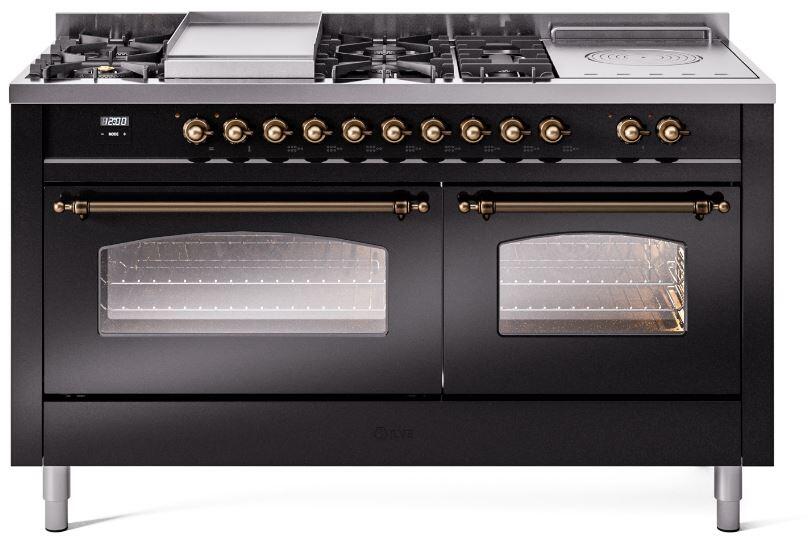 ILVE Nostalgie II 60" Dual Fuel Natural Gas Range, Glossy Black, Bronze Trim UP60FSNMPBKB