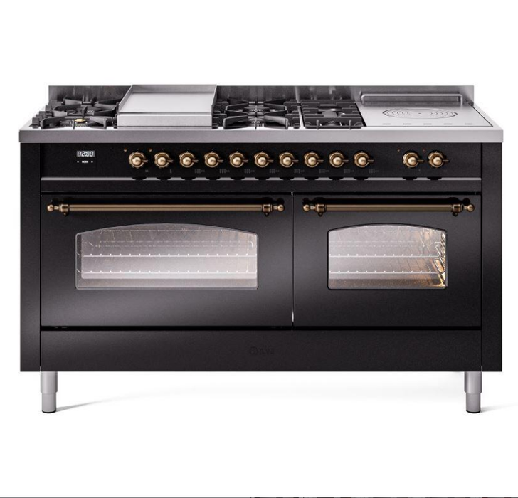 ILVE Nostalgie II 60" Dual Fuel Liquid Propane Range, Glossy Black, Bronze Trim UP60FSNMPBKBLP