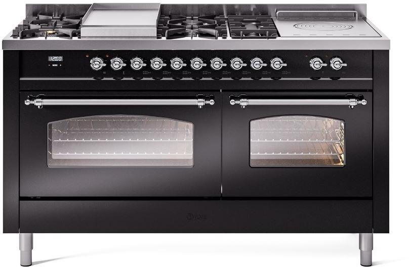 ILVE Nostalgie II 60" Dual Fuel Natural Gas Range, Glossy Black, Chrome Trim UP60FSNMPBKC