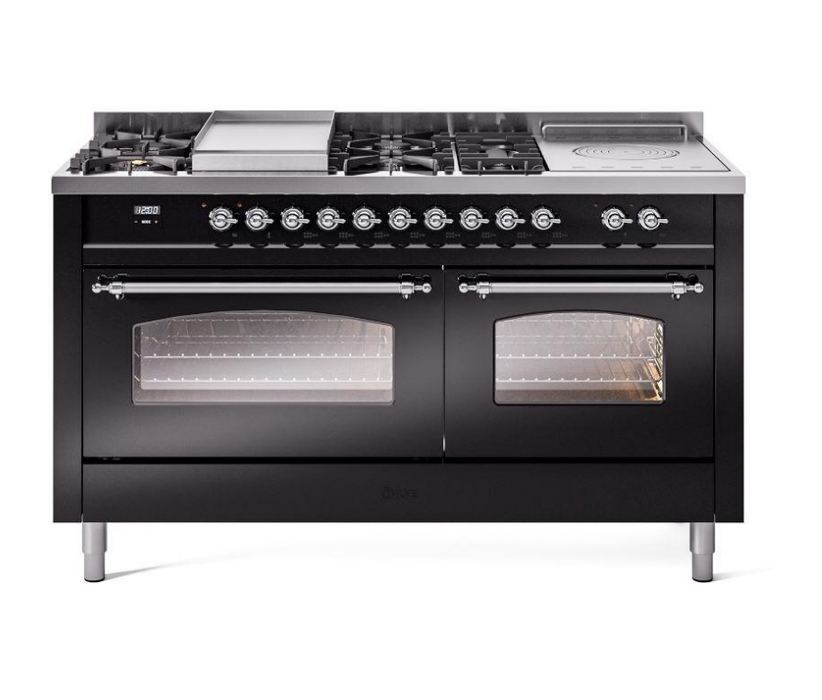 ILVE Nostalgie II 60" Dual Fuel Natural Gas Range, Glossy Black, Chrome Trim UP60FSNMPBKC