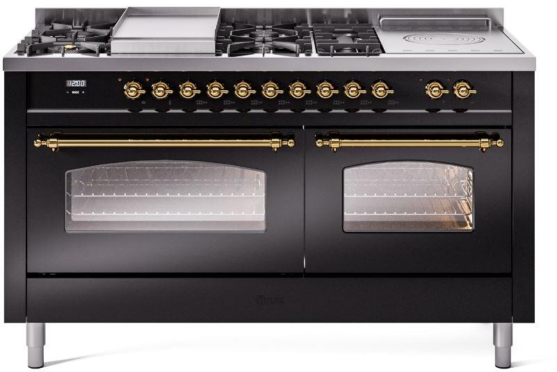 ILVE Nostalgie II 60" Dual Fuel Liquid Propane Range, Glossy Black, Brass Trim UP60FSNMPBKGLP