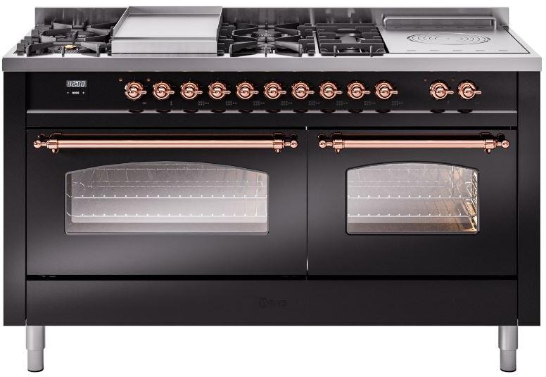 ILVE Nostalgie II 60" Dual Fuel Natural Gas Range, Glossy Black, CopperTrim UP60FSNMPBKP