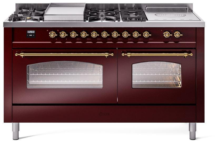 ILVE Nostalgie II 60" Dual Fuel Liquid Propane Range, Burgundy, Brass Trim UP60FSNMPBUGLP
