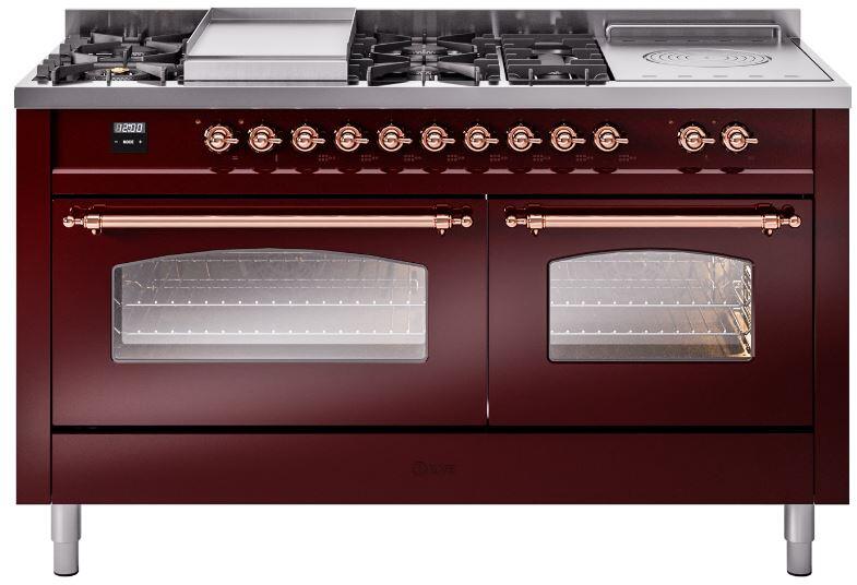 ILVE Nostalgie II 60" Dual Fuel Liquid Propane Range, Burgundy, Copper Trim UP60FSNMPBUPLP