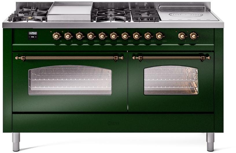 ILVE Nostalgie II 60" Dual Fuel Liquid Propane Range, Emerald Green, Bronze Trim UP60FSNMPEGBLP