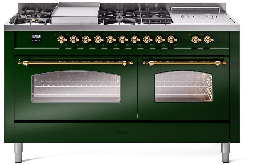 ILVE Nostalgie II 60" Dual Fuel Liquid Propane Range, Emerald Green, Brass Trim UP60FSNMPEGGLP