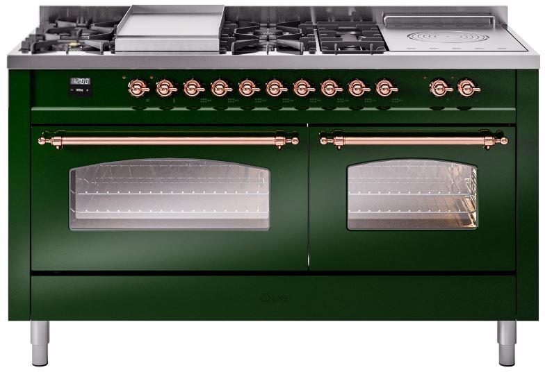 ILVE Nostalgie II 60" Dual Fuel Natural Gas Range, Emerald Green, Copper Trim UP60FSNMPEGP