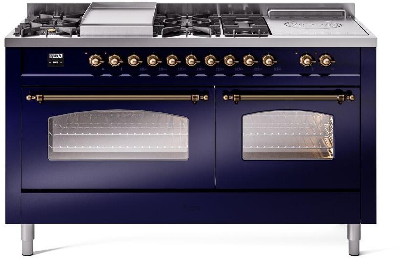 ILVE Nostalgie II 60" Dual Fuel Liquid Propane Range, Blue, Bronze Trim UP60FSNMPMBBLP