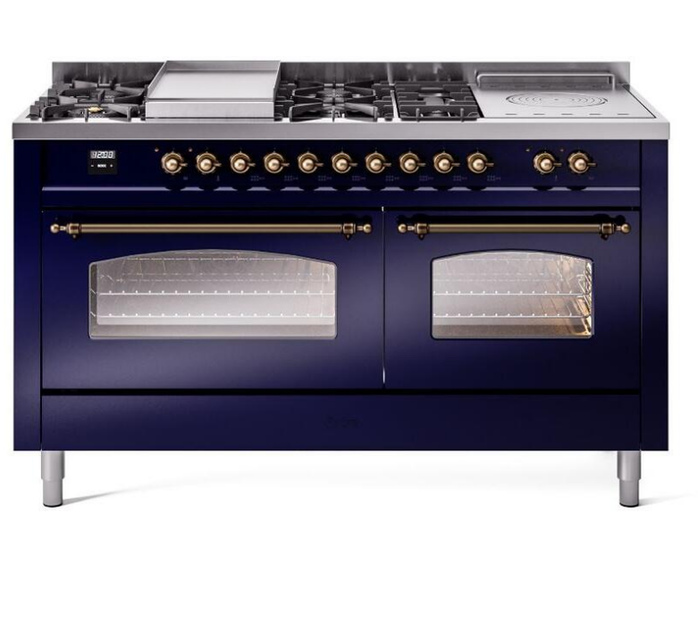 ILVE Nostalgie II 60" Dual Fuel Liquid Propane Range, Blue, Bronze Trim UP60FSNMPMBBLP