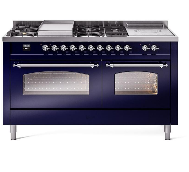 ILVE Nostalgie II 60" Dual Fuel Liquid Propane Range, Blue, Chrome Trim UP60FSNMPMBCLP