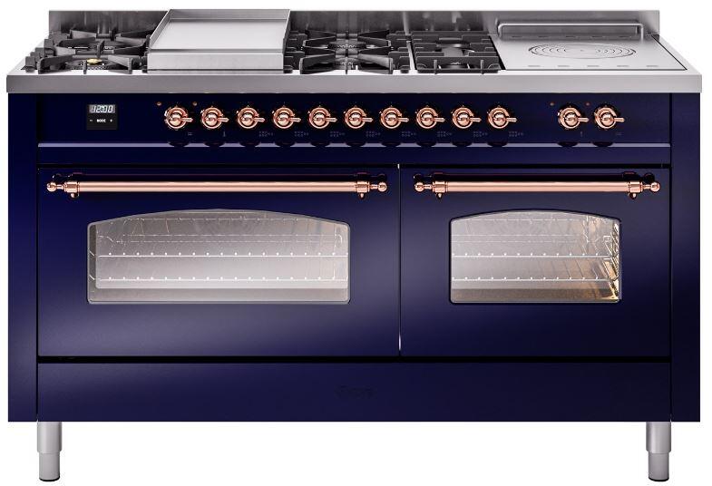 ILVE Nostalgie II 60" Dual Fuel Liquid Propane Range, Blue, Copper Trim UP60FSNMPMBPLP