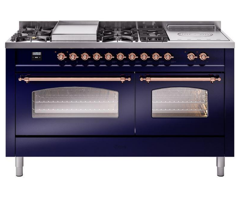 ILVE Nostalgie II 60" Dual Fuel Liquid Propane Range, Blue, Copper Trim UP60FSNMPMBPLP