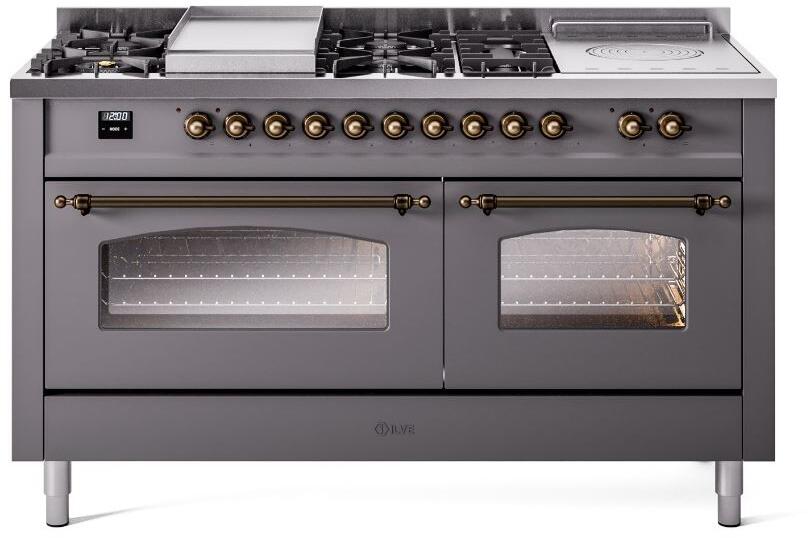 ILVE Nostalgie II 60" Dual Fuel Natural Gas Range, Matte Graphite, Bronze Trim UP60FSNMPMGB