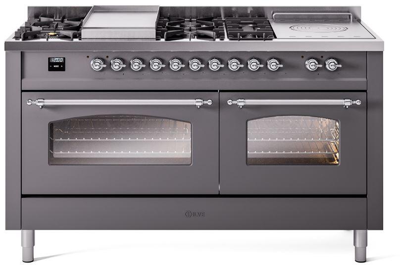 ILVE Nostalgie II 60" Dual Fuel Natural Gas Range, Matte Graphite, Chrome Trim UP60FSNMPMGC